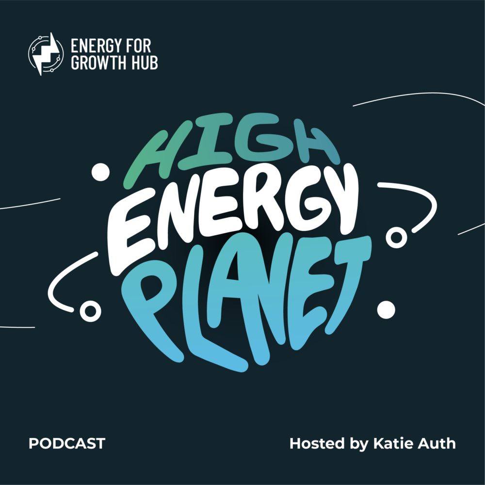 Cover art for a podcast that reads "High Energy Planet" in funky blue, green, and white letters on a dark background with a ring around the letters.
