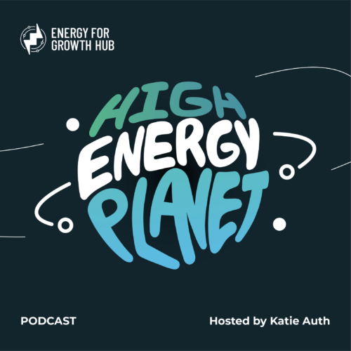 Cover art for a podcast that reads "High Energy Planet" in funky blue, green, and white letters on a dark background with a ring around the letters.