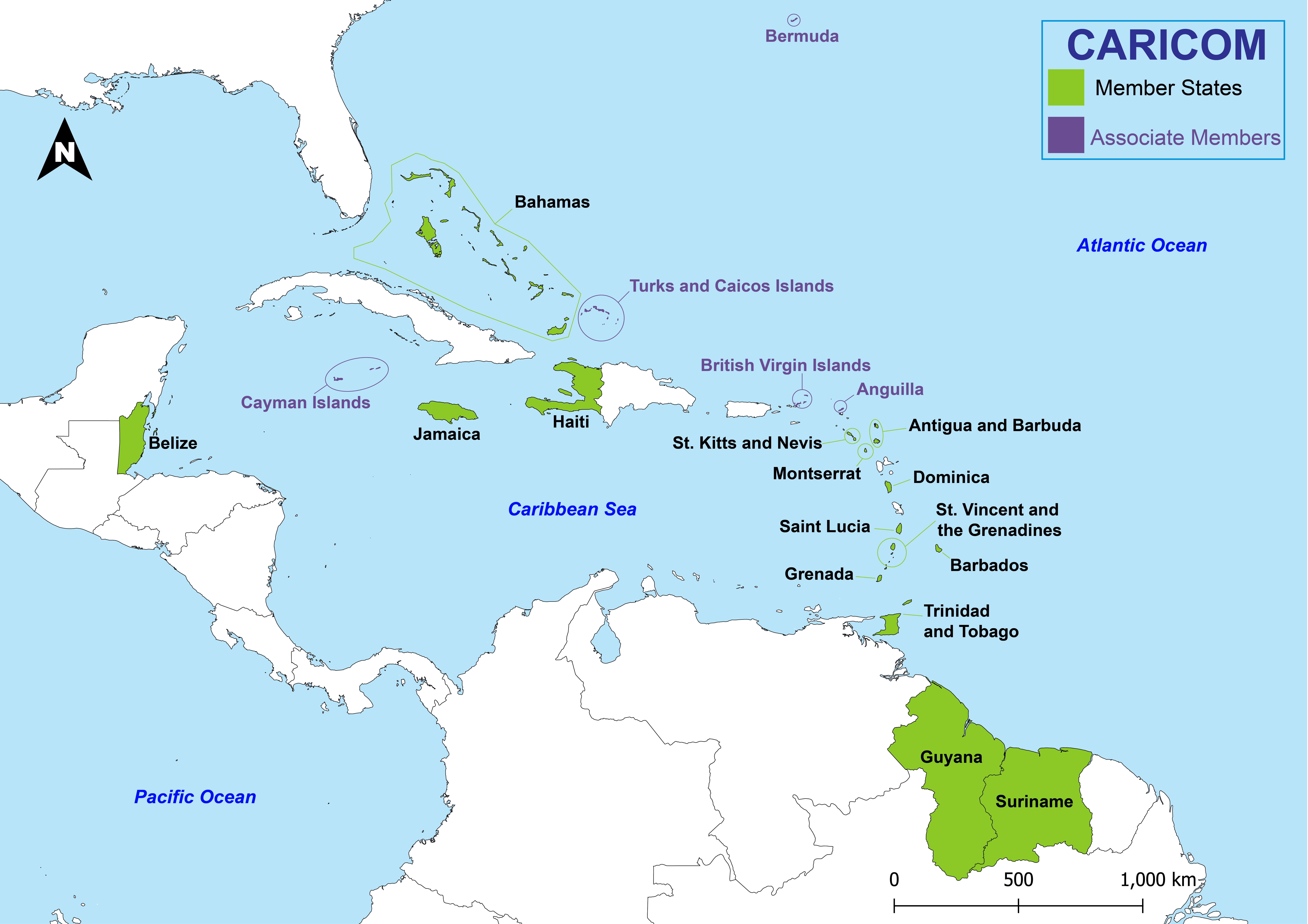Map of the Caribbean region, with countries with certain countries colored green or purple and the rest of the countries in white. The green and purple countries are members of CARICOM and include Belize, Jamaica, the Bahamas, Turks and Caicos, British Virgin Islands, Haiti, Anguilla, St. Kitts and Nevis, Antigua and Barbuda, Montserrat, Dominica, Saint Lucia, St. Vincit and the Grenadines, Grenada, Barbados, Trinidad and Tobago, Guyana and Suriname.