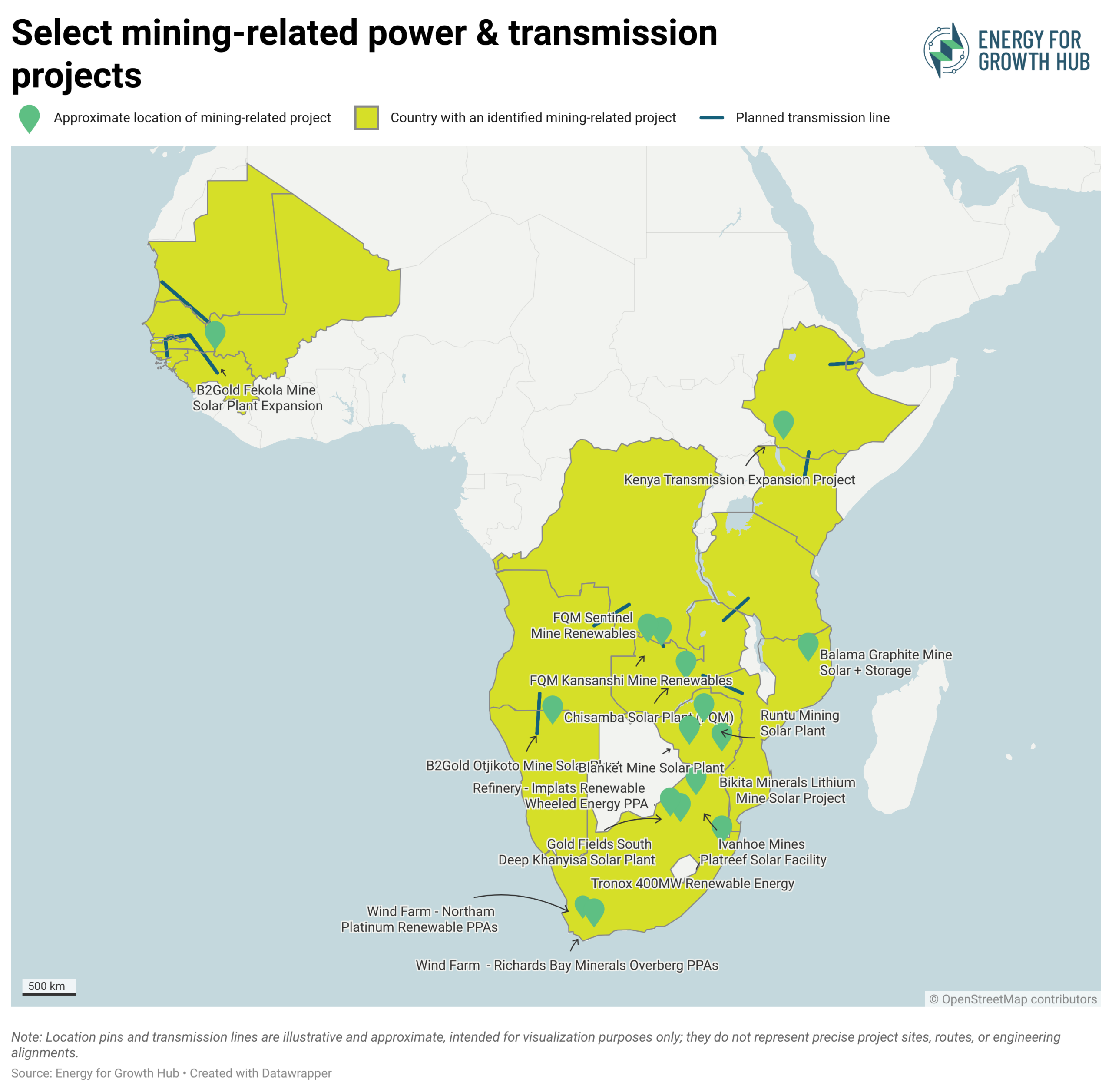 A map of the African continent with certain countries highlighted in lime green and power plant projects labeled with black font.