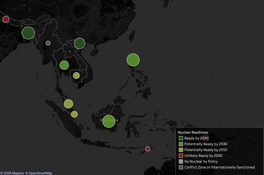 A map of the ASEAN region with dots indicating each country's readiness for nuclear power.