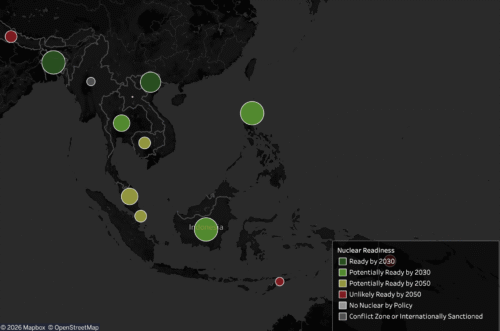 A map of the ASEAN region with dots indicating each country's readiness for nuclear power.
