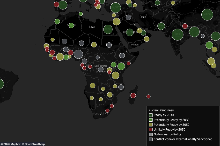 Map of Africa with sites of nuclear energy interest highlighted with different colored circles.