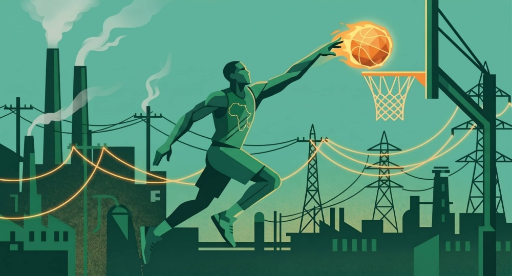 An illustration of a basketball player dunking a ball of energy with factories and transmission lines in the background.