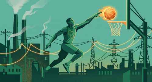 An illustration of a basketball player dunking a ball of energy with factories and transmission lines in the background.